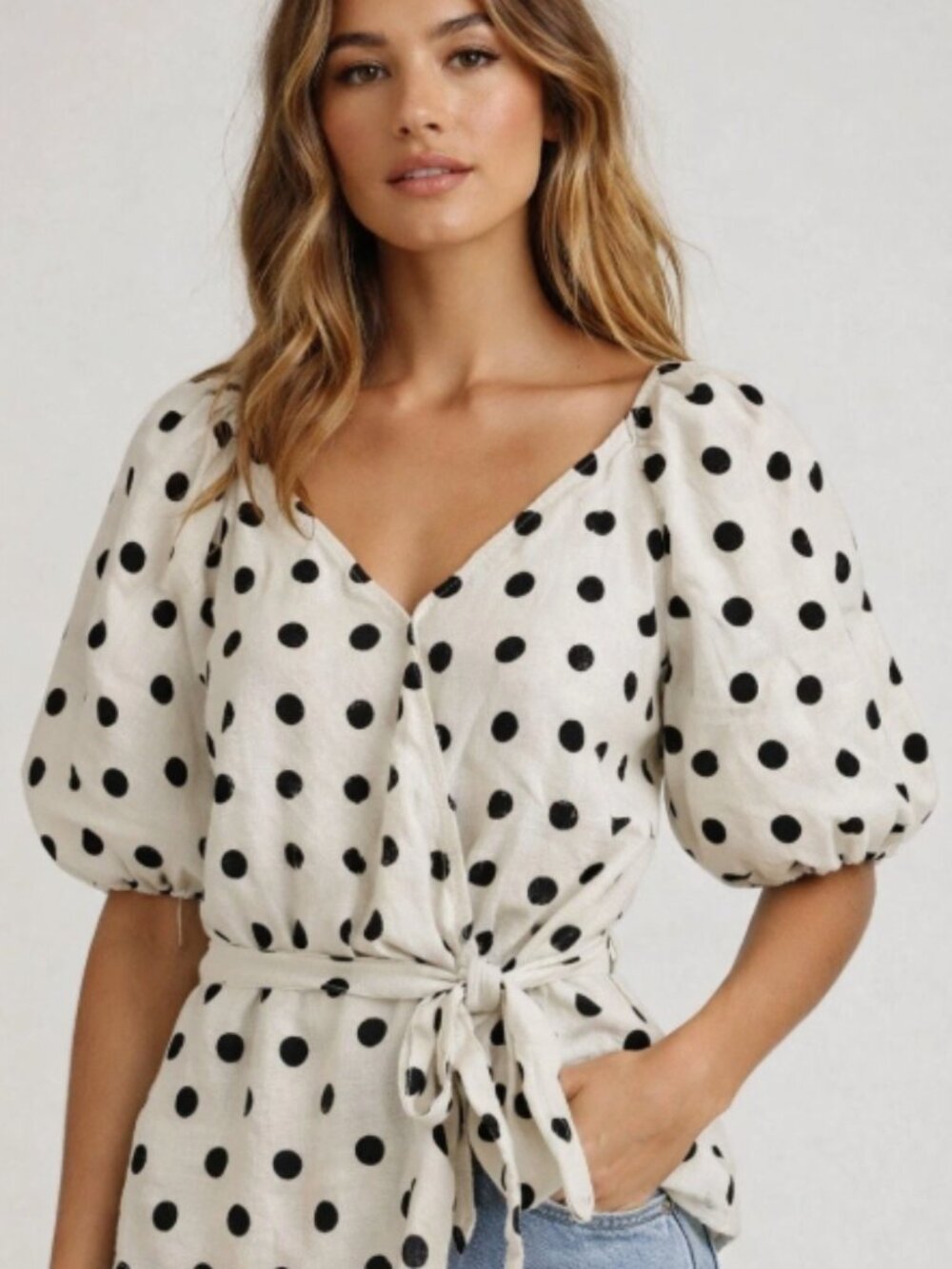 GAP Women's Linen Wrap Top Polka Dot Puff Sleeve Parisian Cottagecore S Petite